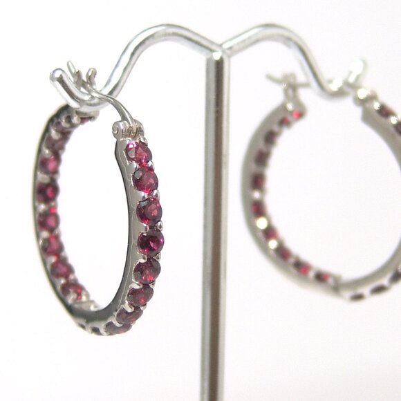 Sterling Silver Rhodolite Garnet Hoop Earrings 1 Inch Rhodium Anti Tarnish - Picture 8 of 8